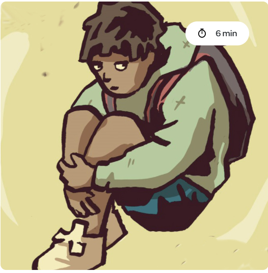 dessin d'un enfant seul assis par terre avec un sac à dos