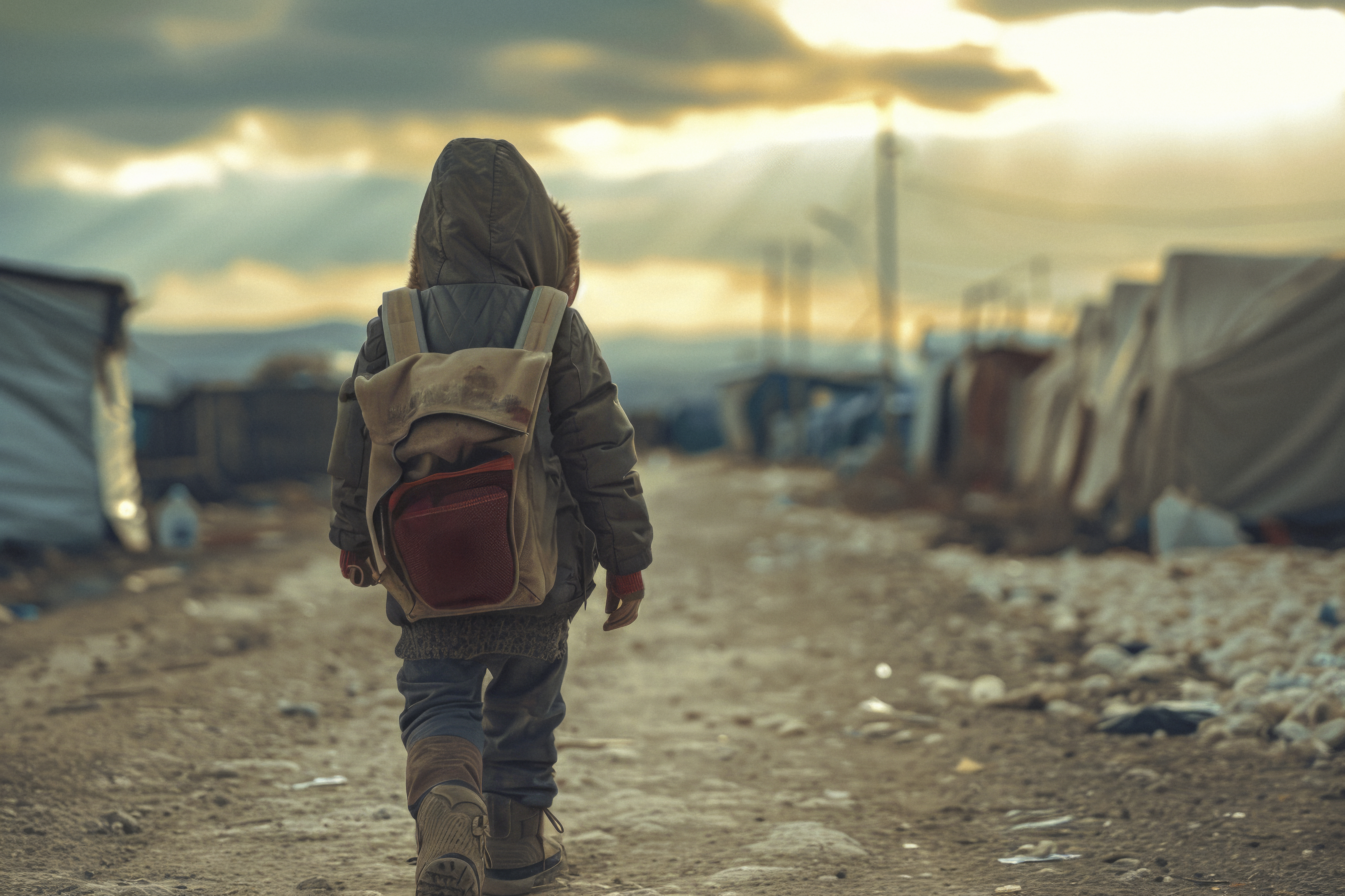 Une photo générée par l'IA montrant un enfant de dos marchant dans un camp de migrant.